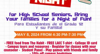 Flier that states LACC Family Night for High School Seniors. There is a picture of a computer on the left, books on the right, and a globe on the bottom right. There is text that states the event is May 8 from 4:30 to 7:30pm