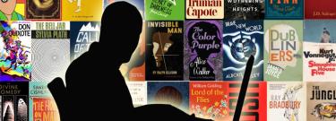 An author at a laptop silhouetted against the covers of famous novels