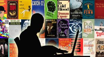 An author is typing over a background of famous novel covers