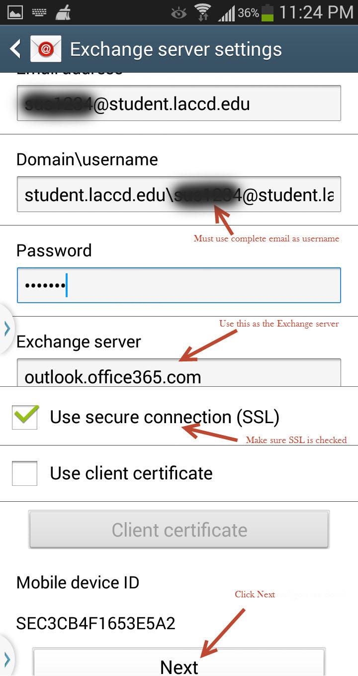 Screenshot of Exchange Serve Settings