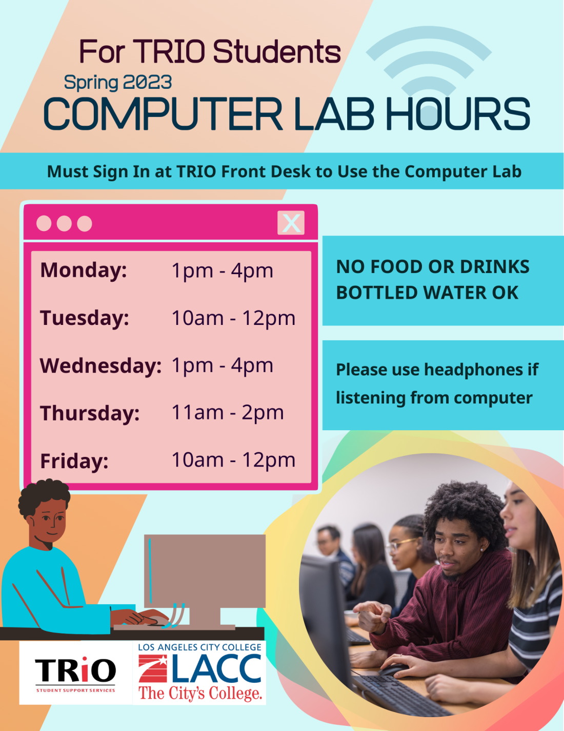 Flyer with information on Computer Lab Hours for Spring 2023 