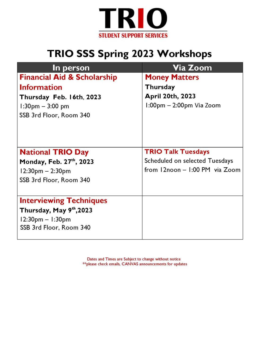 Two columns with information on topic, dates, times and location for Spring 2023 workshops