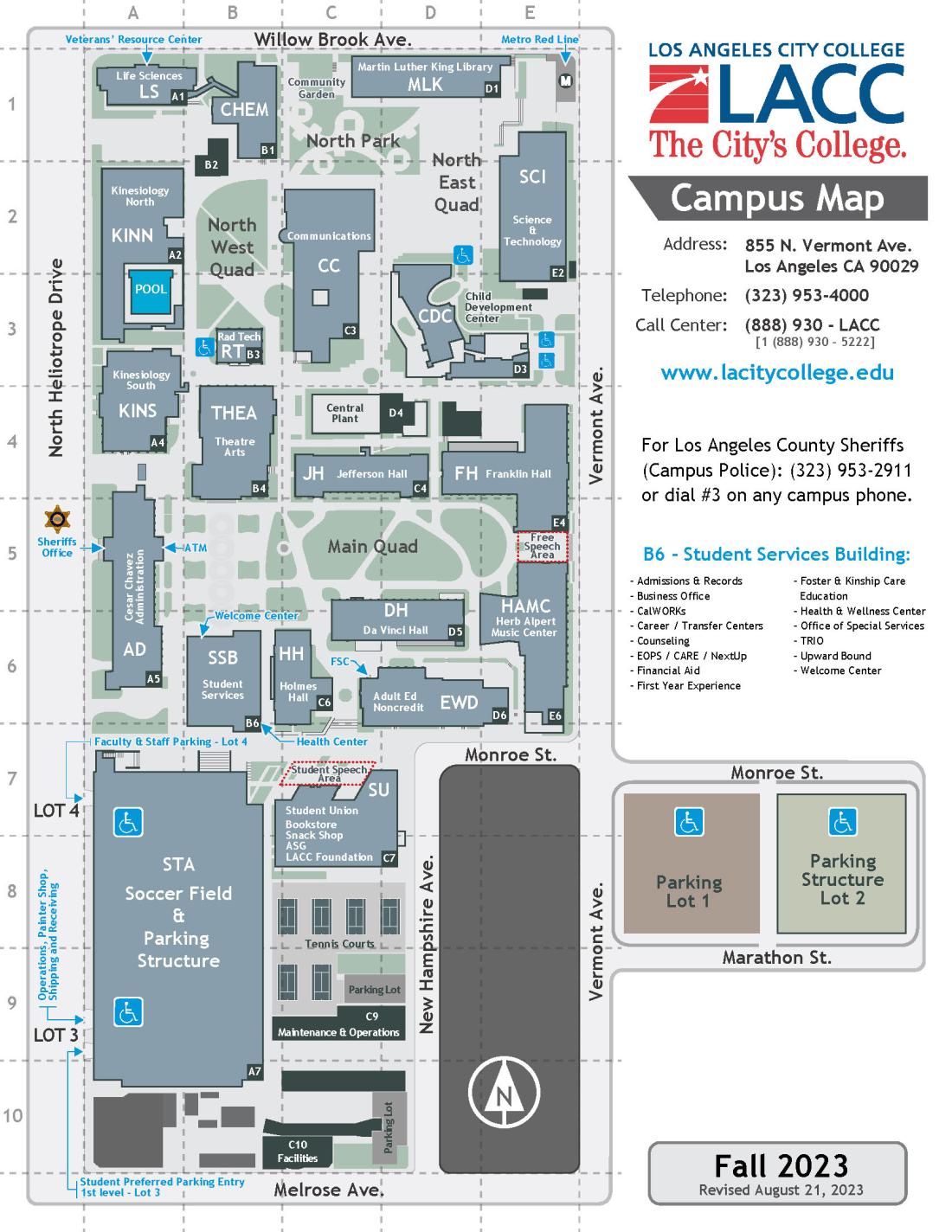 The LACC Campus Map for Fall 2023