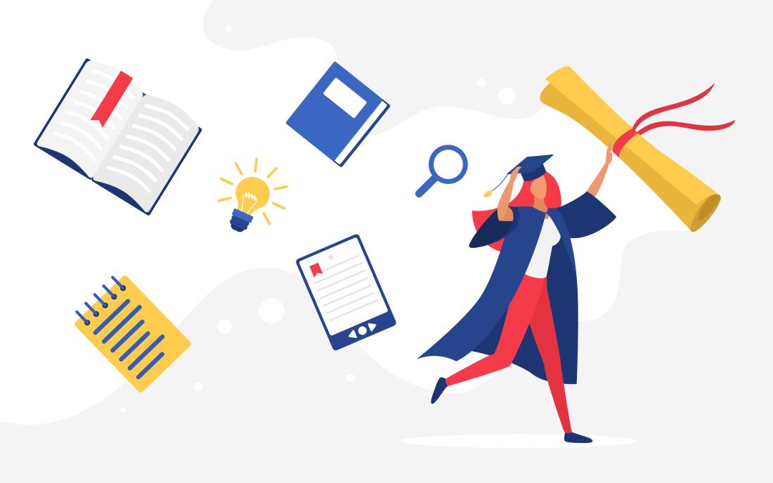 Cartoon happy graduated tiny woman character wearing graduate cap and cape running among book or tablet, holding graduation diploma background