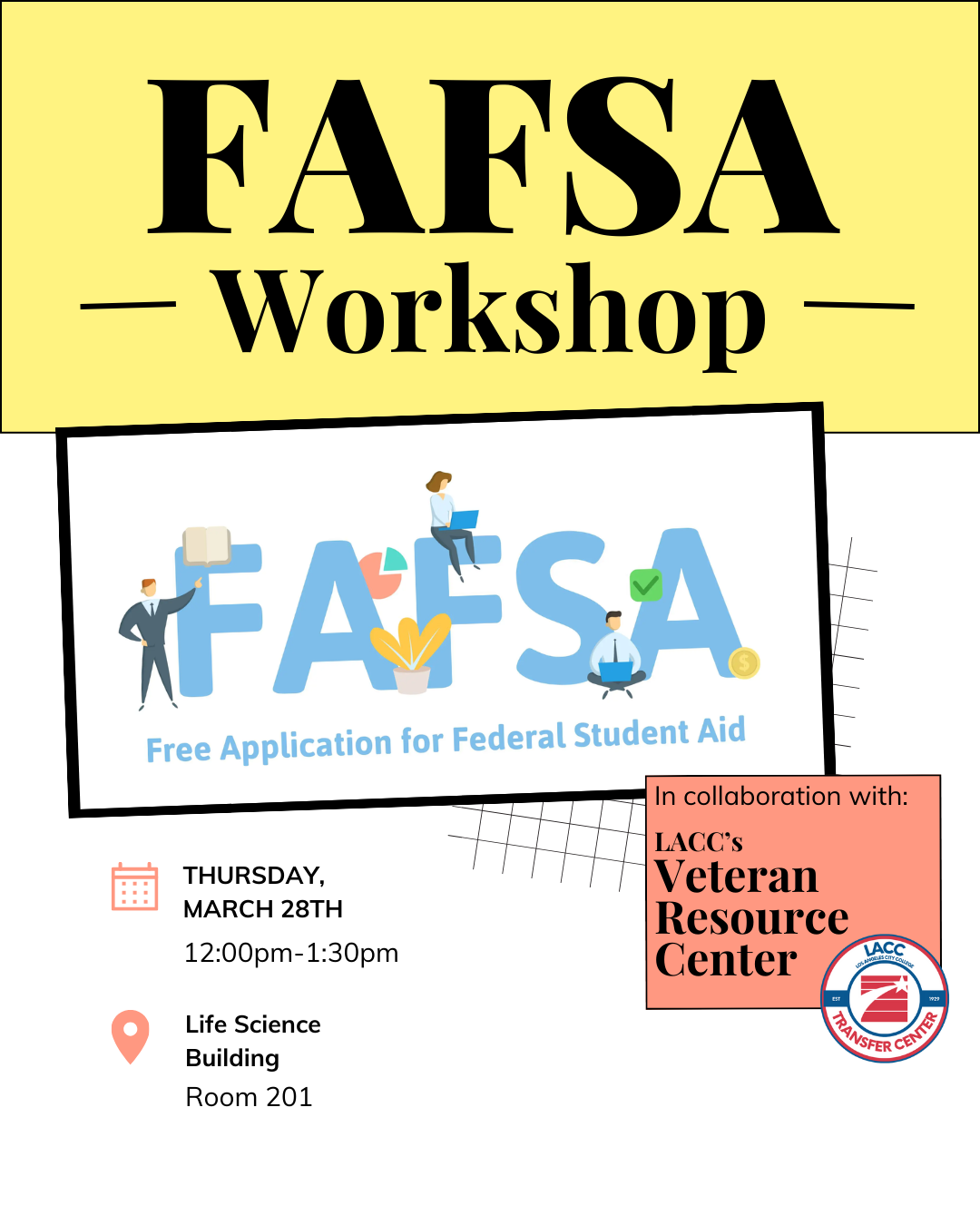 Flyer of FAFSA Workshop happening Thursday, March 28th @ 12:00pm-1:30pm