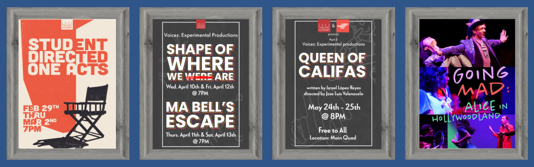This image features four additional posters, each in a gray wooden frame, showcasing distinct theatrical events or productions.
