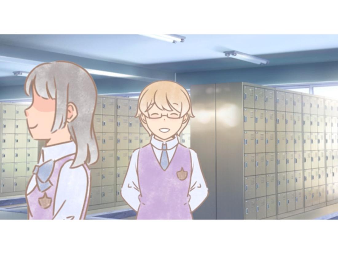 2 cartoon like girls in a locker room.